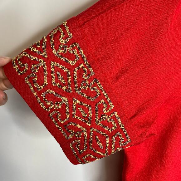 Carole Little Red Dress Jacket Flax Rayon Tencel Sz 14 Beaded Sleeves - Picture 7 of 10